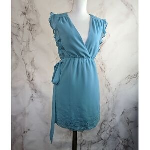 Lovers + Friends Mini Wrap Dress Blue Embroidered V-Neck Flutter Small